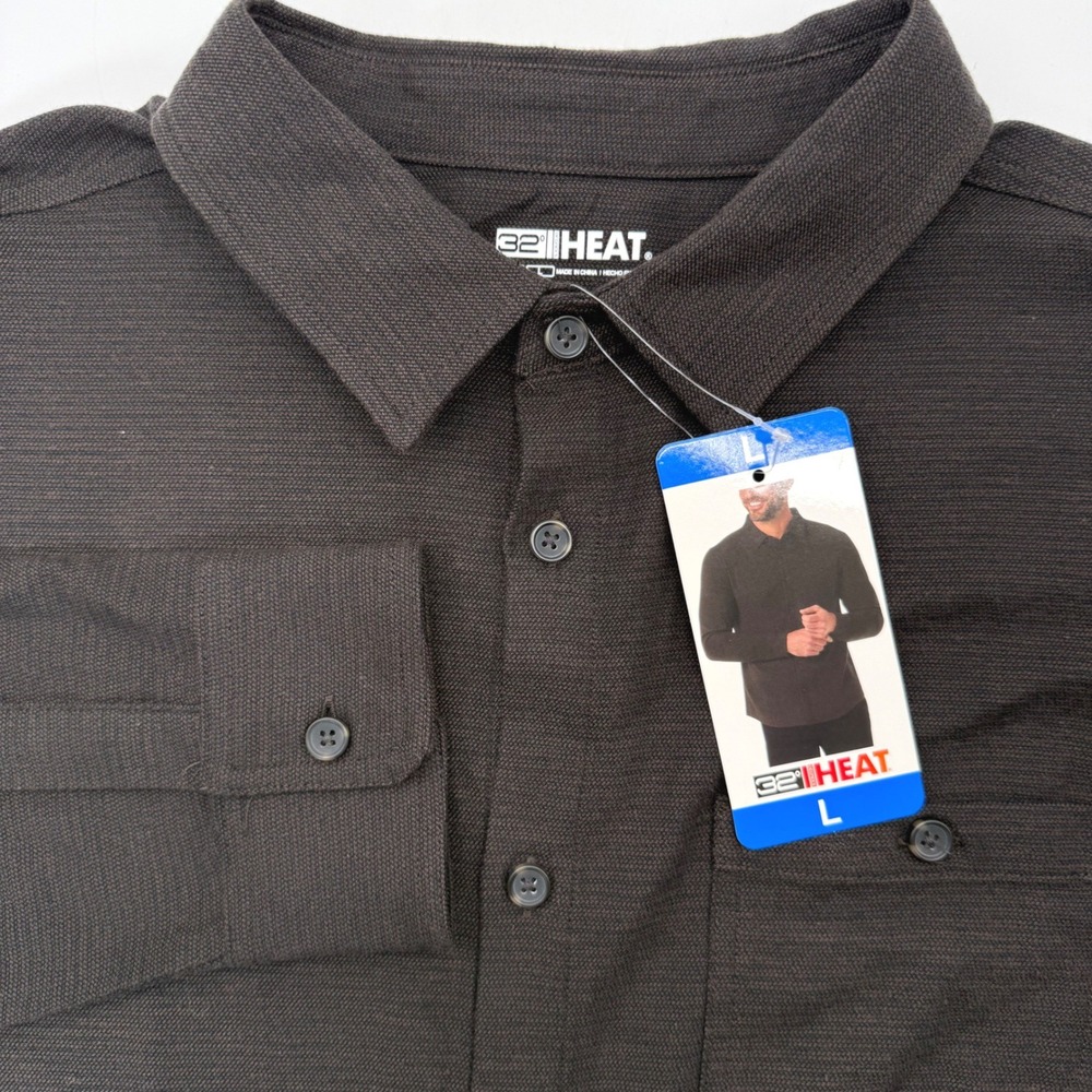 32 Degrees Heat Button Up Shirt Mens L Brown Textured Long Sleeve Stretch Pocket